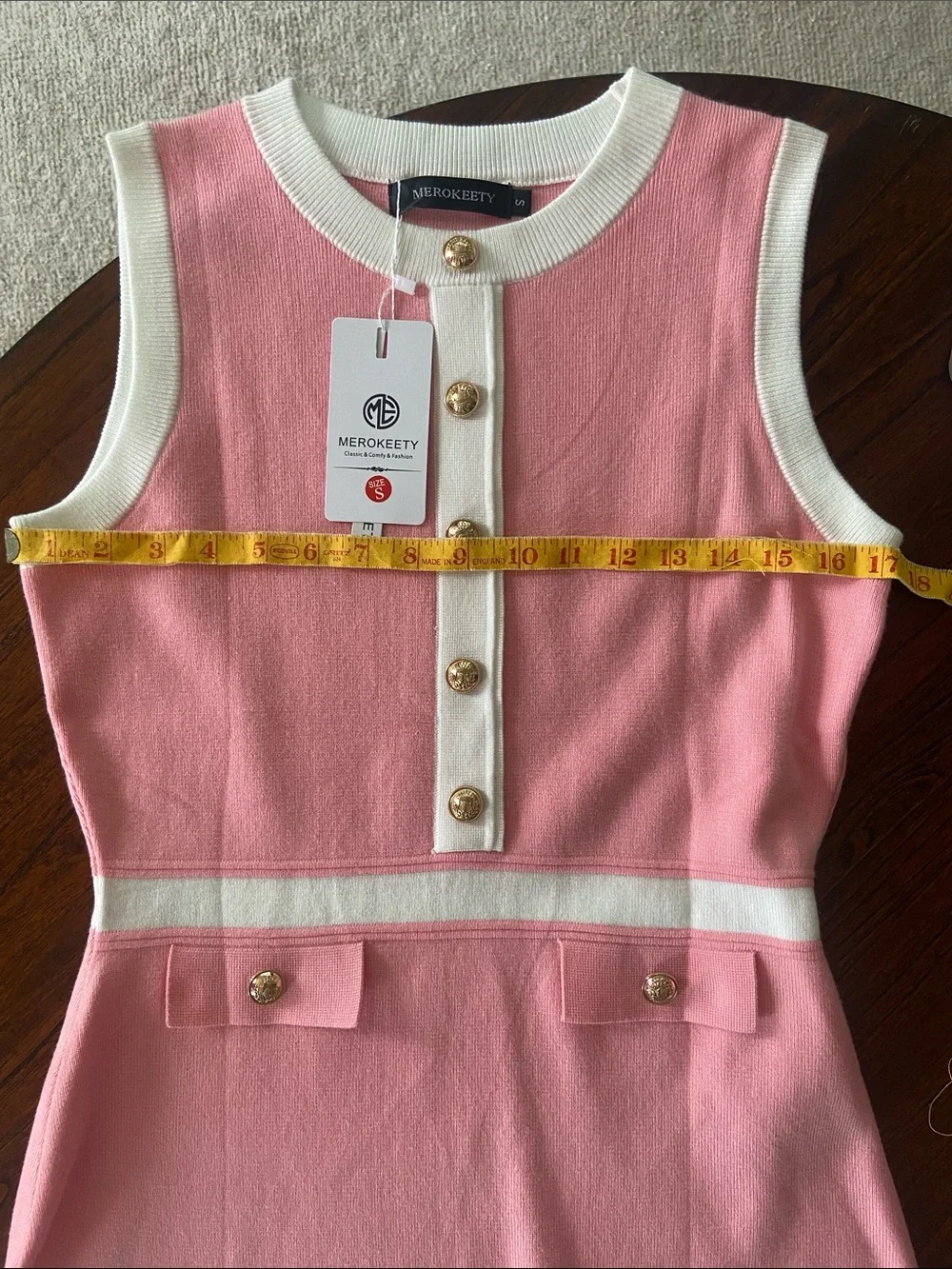 Sleeveless Pink Mini Dress with White Trim and Gold Buttons - Picture 4 of 6
